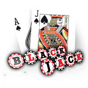 Blackjack text spelled with each letter on a casino chip with Ace and Jack of Spades cards behind it.
