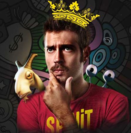 Picture of a man thinking while holding his chin and wearing a crown and a red SpinIt shirt with a bored goat looking over his shoulder