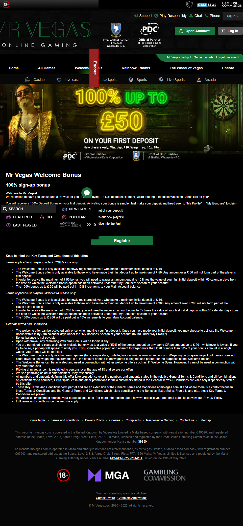 Historical Mr Vegas welcome bonus page on mobile, captured 9 May 2026