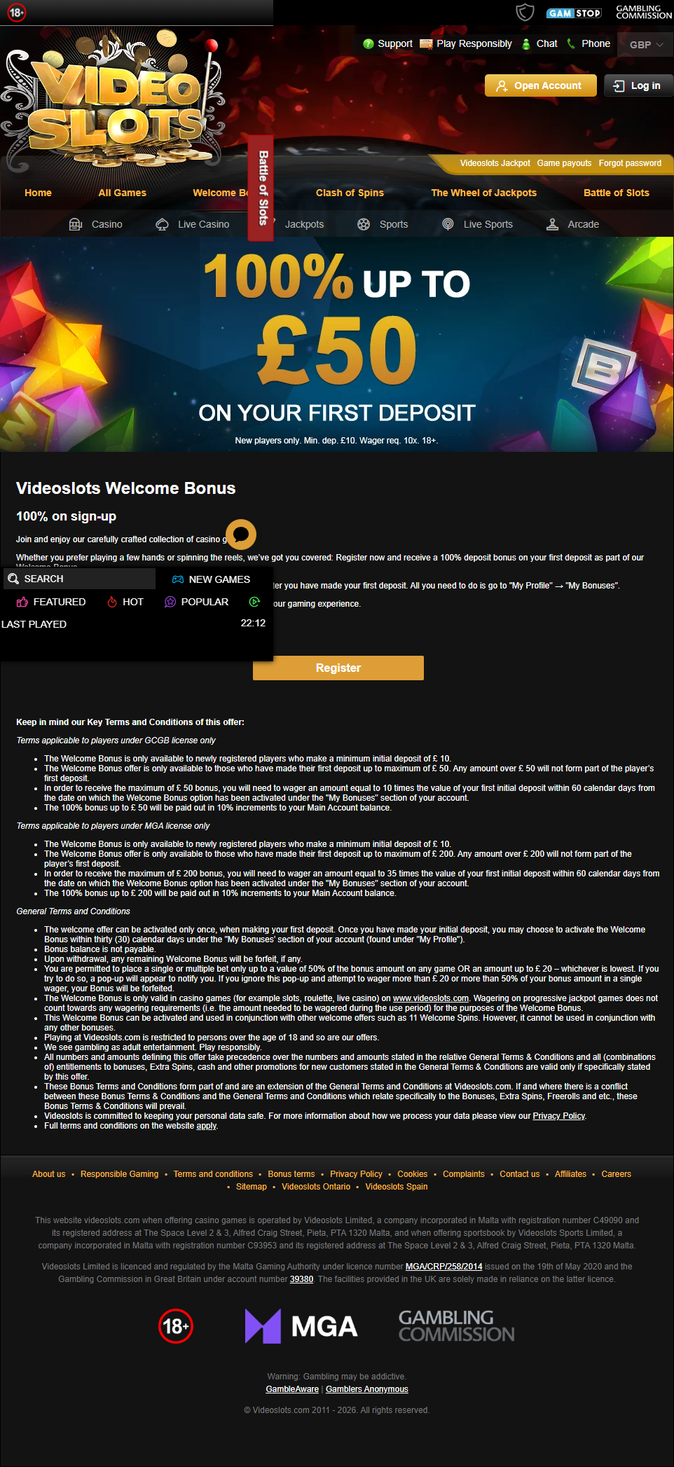 Historical Videoslots welcome bonus page on mobile, captured 9 May 2026