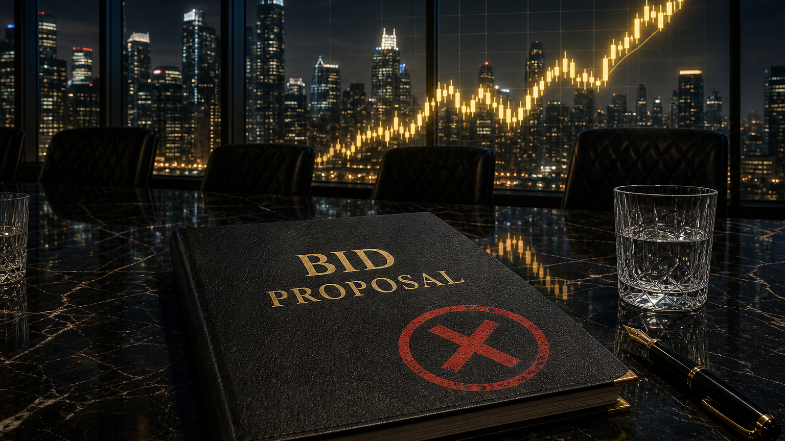 Rejected bid-proposal folder on a dark boardroom table, with a rising gold chart over a night skyline