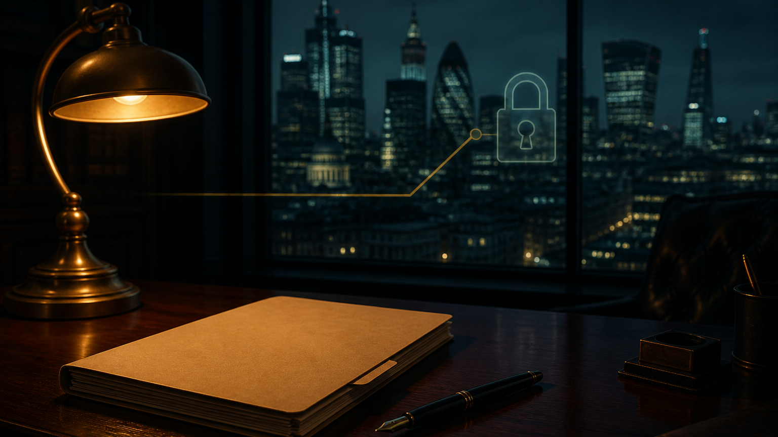 Manila regulatory folder and brass lamp on a dark desk, with a muted city skyline behind the window