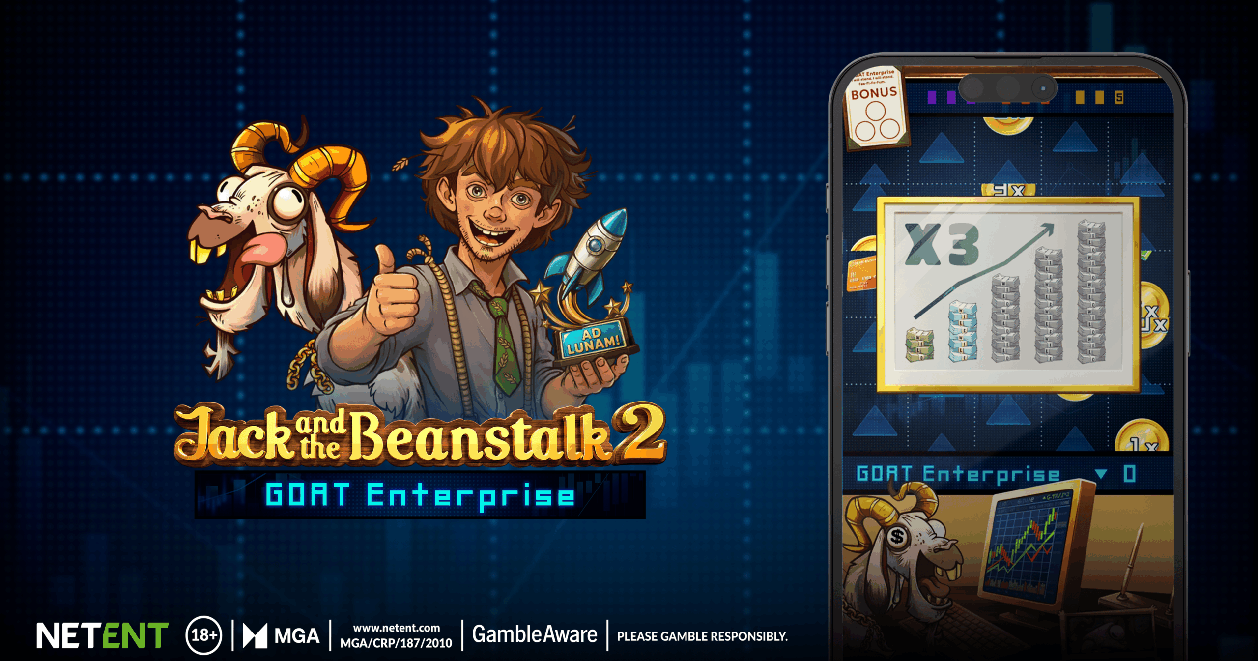 Official NetEnt key art for Jack and the Beanstalk 2 GOAT Enterprise, with 18+ and GambleAware on the artwork
